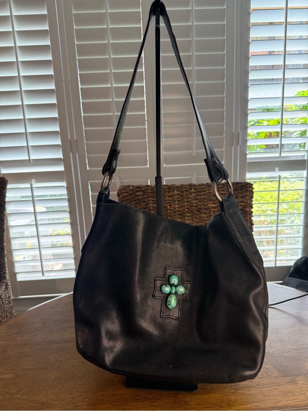Two Bar West Handcrafted Black Leather Shoulder Bag with Turquoise Accent